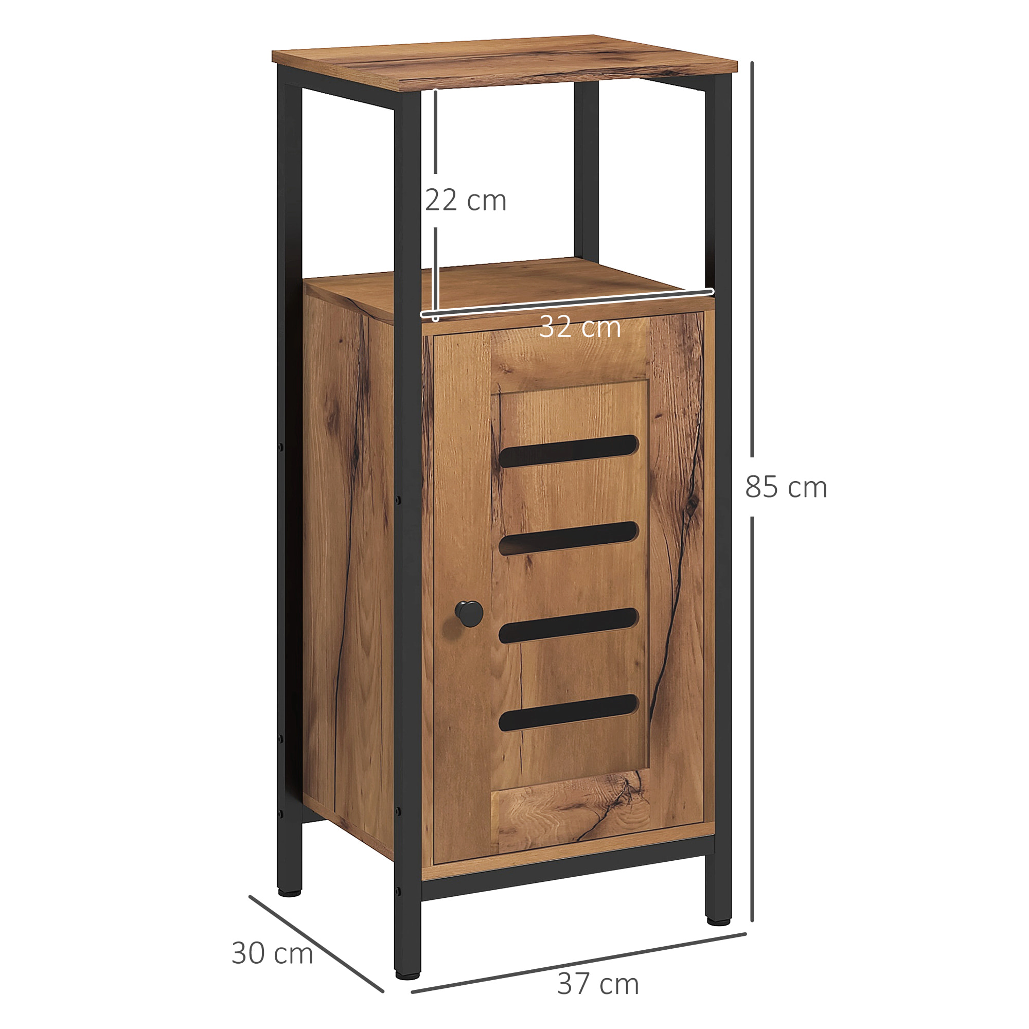 Meuble bas de salle de bain avec porte, armoire de toilette structure en acier, meuble colonne sur pied avec niche ouverte et étagère réglable, 37 x 30 x 85 cm, brun rustique