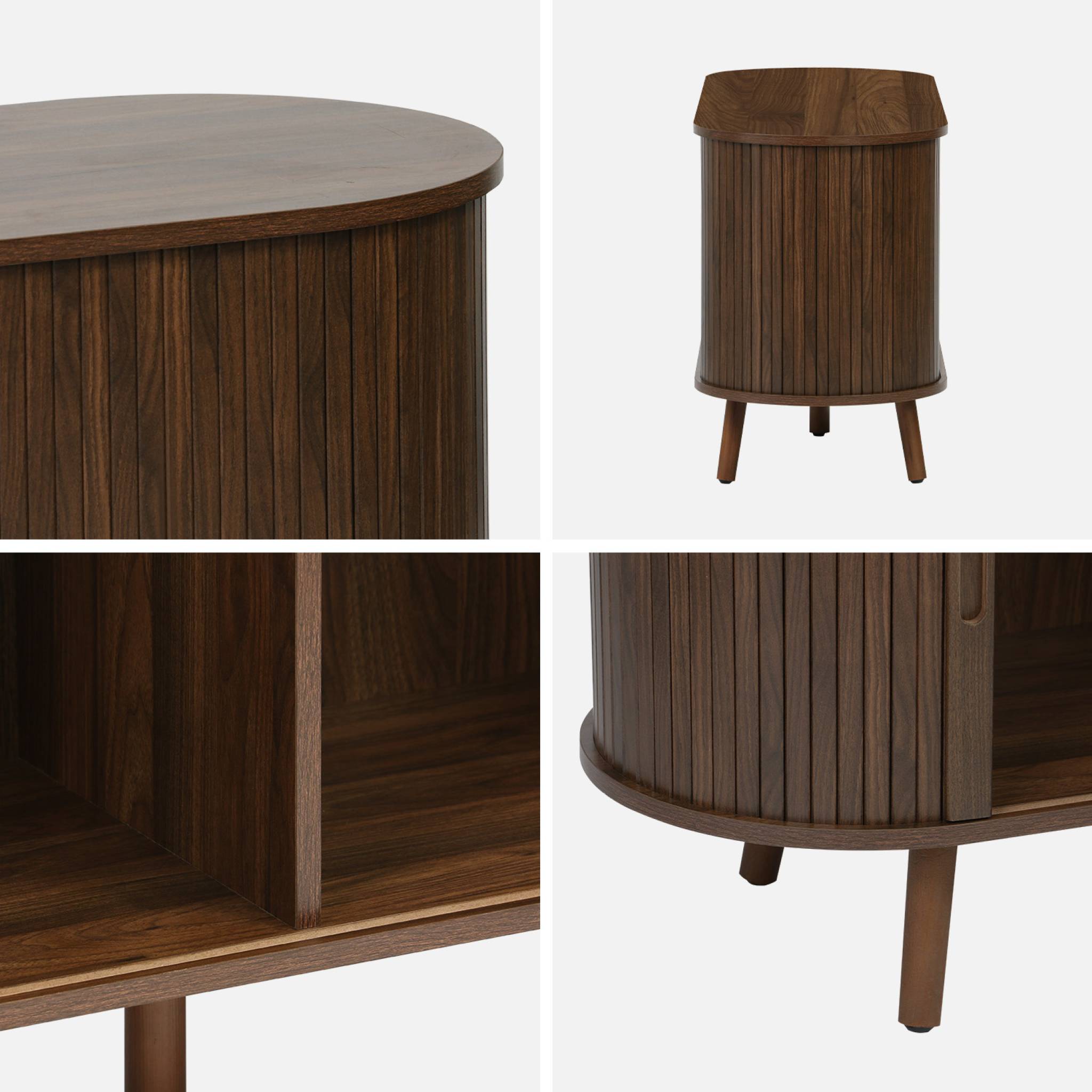 Meuble TV scandinave 2 portes coulissantes. 4 compartiments. effet bois rainuré noyer. L120 x 40 x 57 cm
