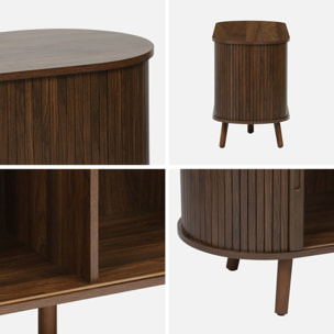 Meuble TV scandinave 2 portes coulissantes. 4 compartiments. effet bois rainuré noyer. L120 x 40 x 57 cm