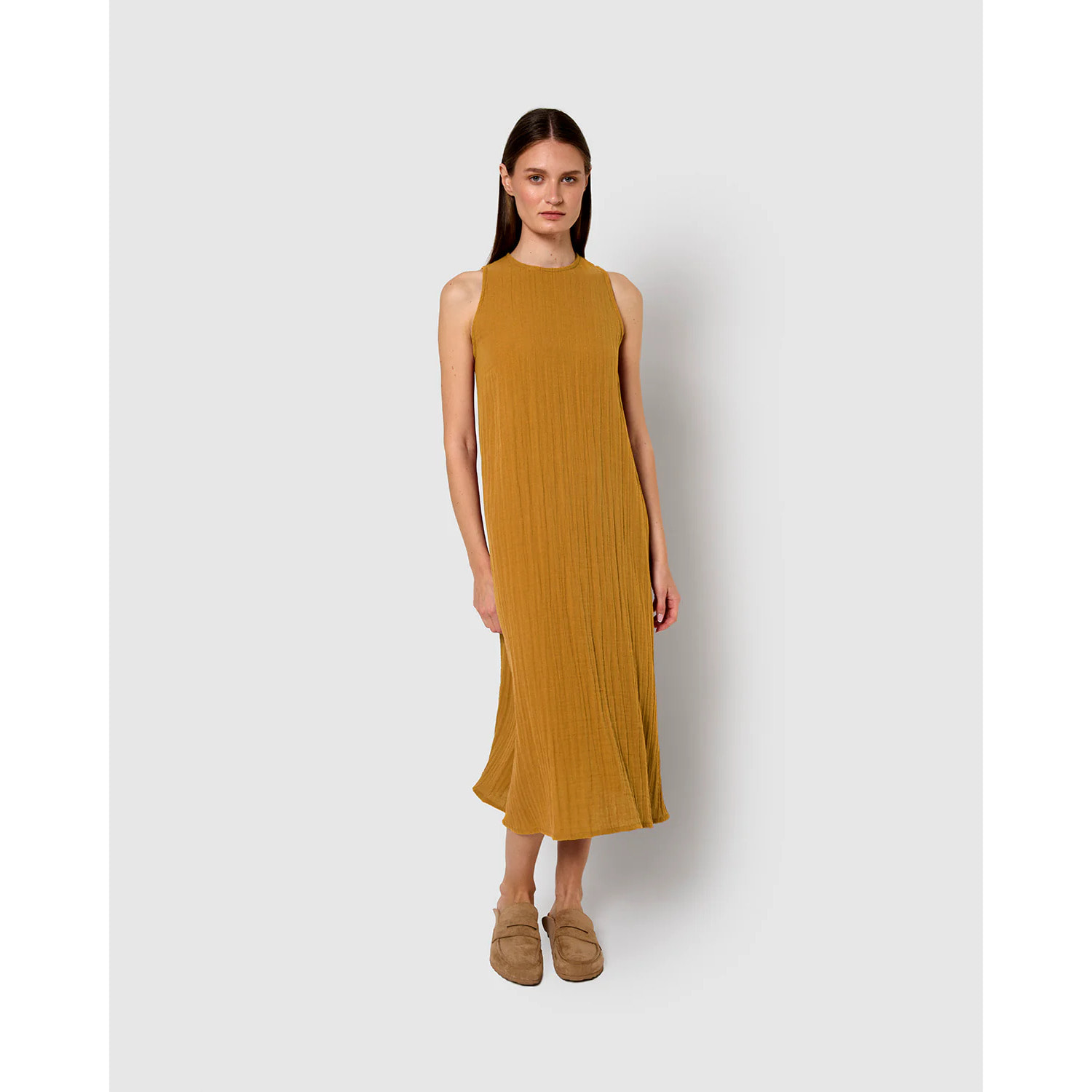Vestido largo tirantes muselina ocre