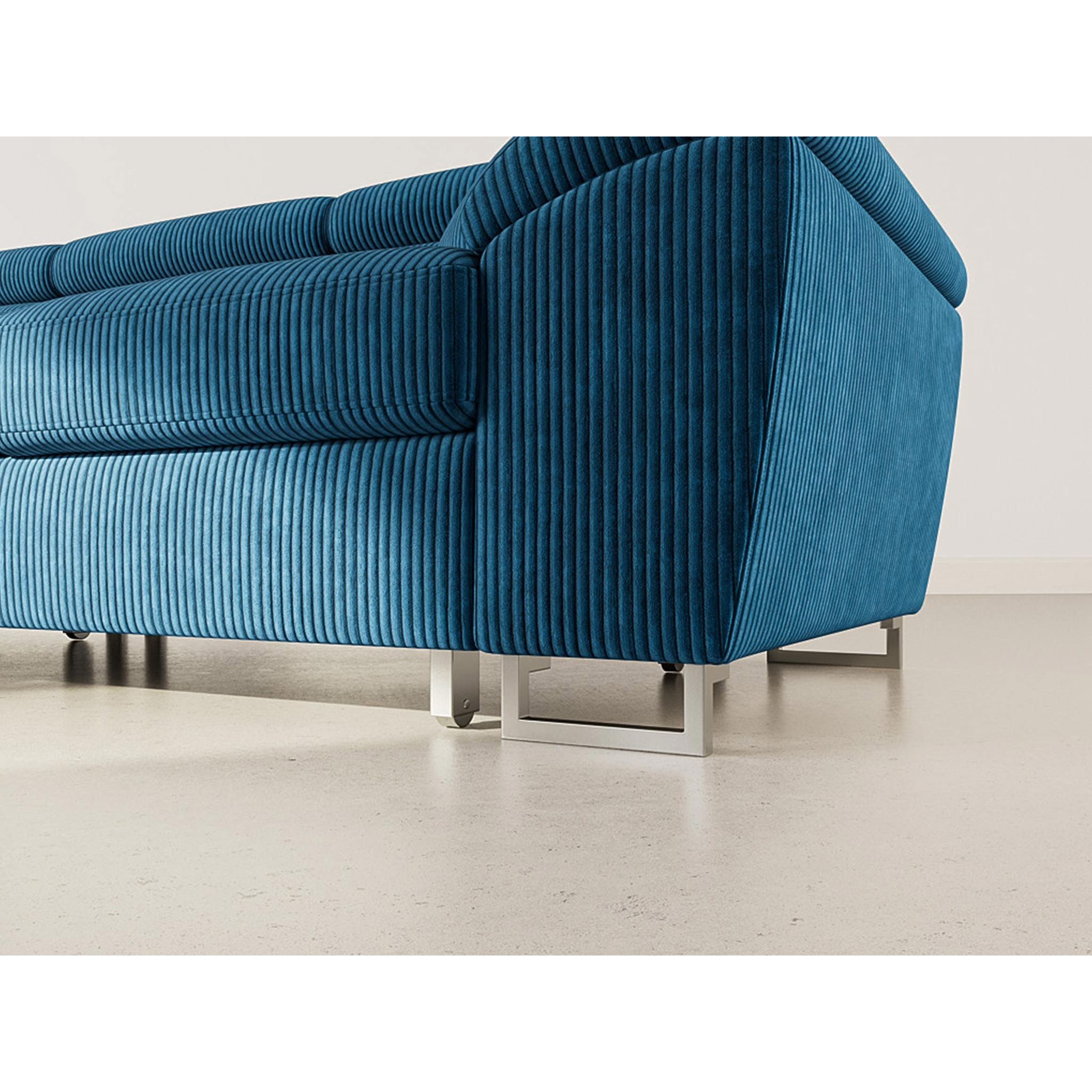 Baoji - Canapé d'angle gauche 5 places convertible avec têtières et coffre en velours côtelé - Bleu