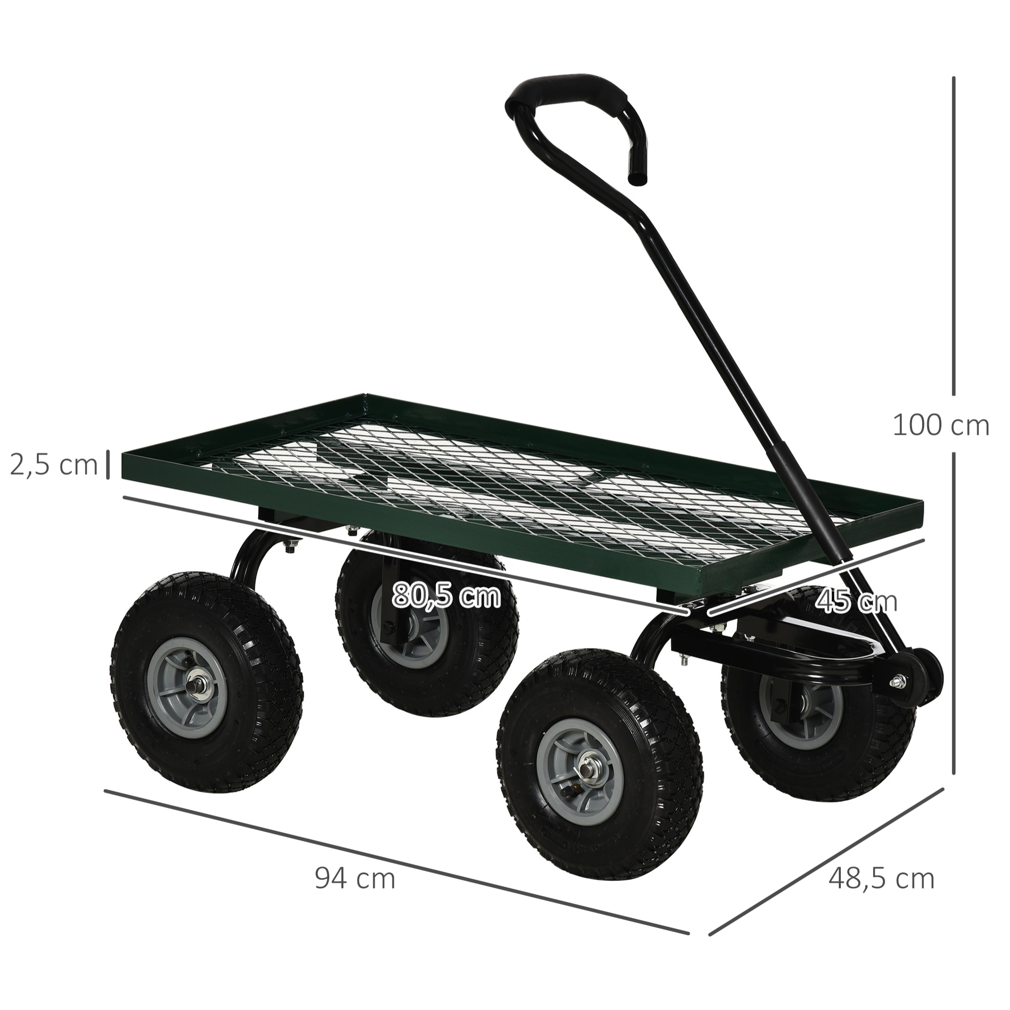 Chariot de transport jardin remorque à main charrette à bras 4 roues 94L x 48,5l x 100H cm charge max. 150 Kg métal vert