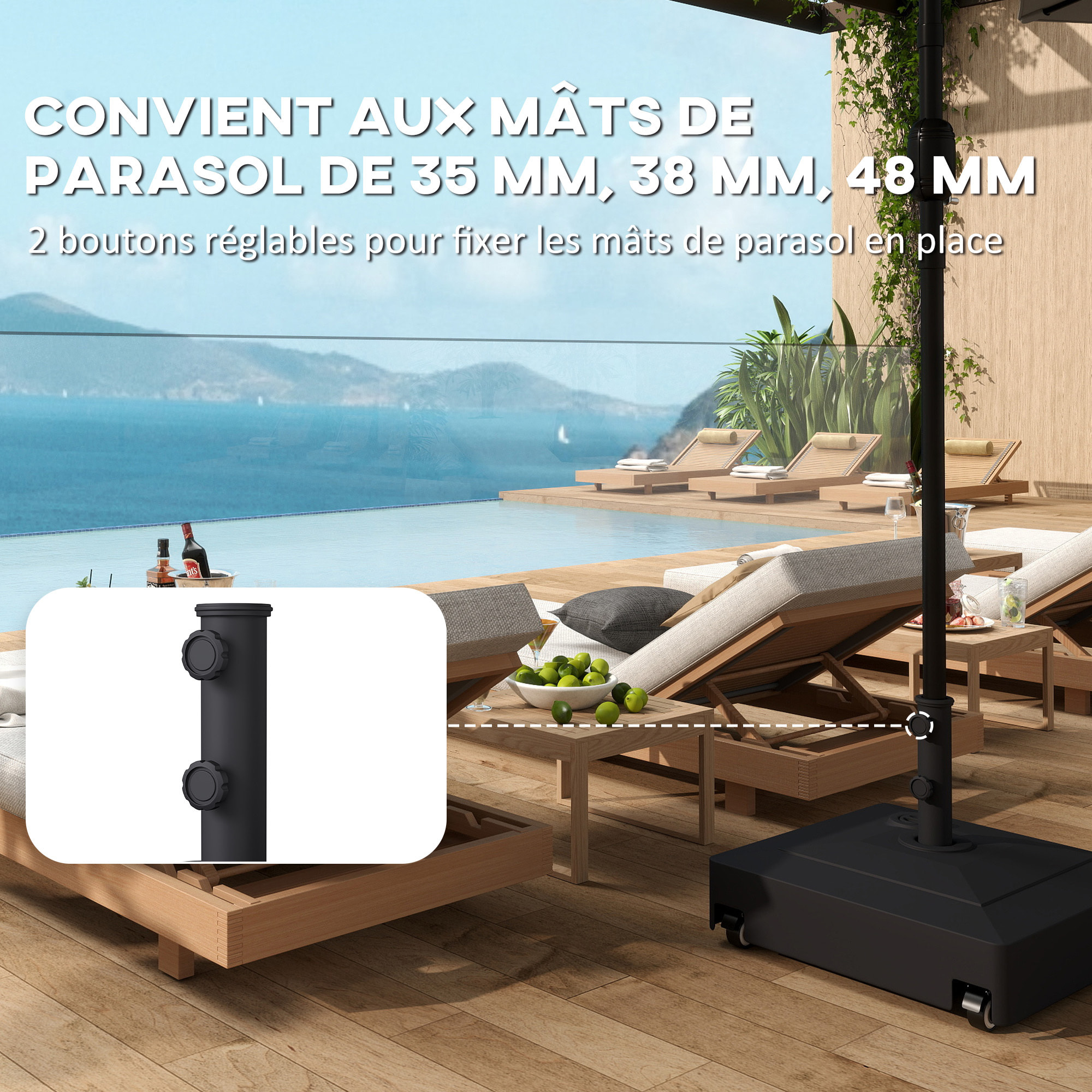 Pied de parasol carré mobile à lester compatible mât 35/38/48 mm noir