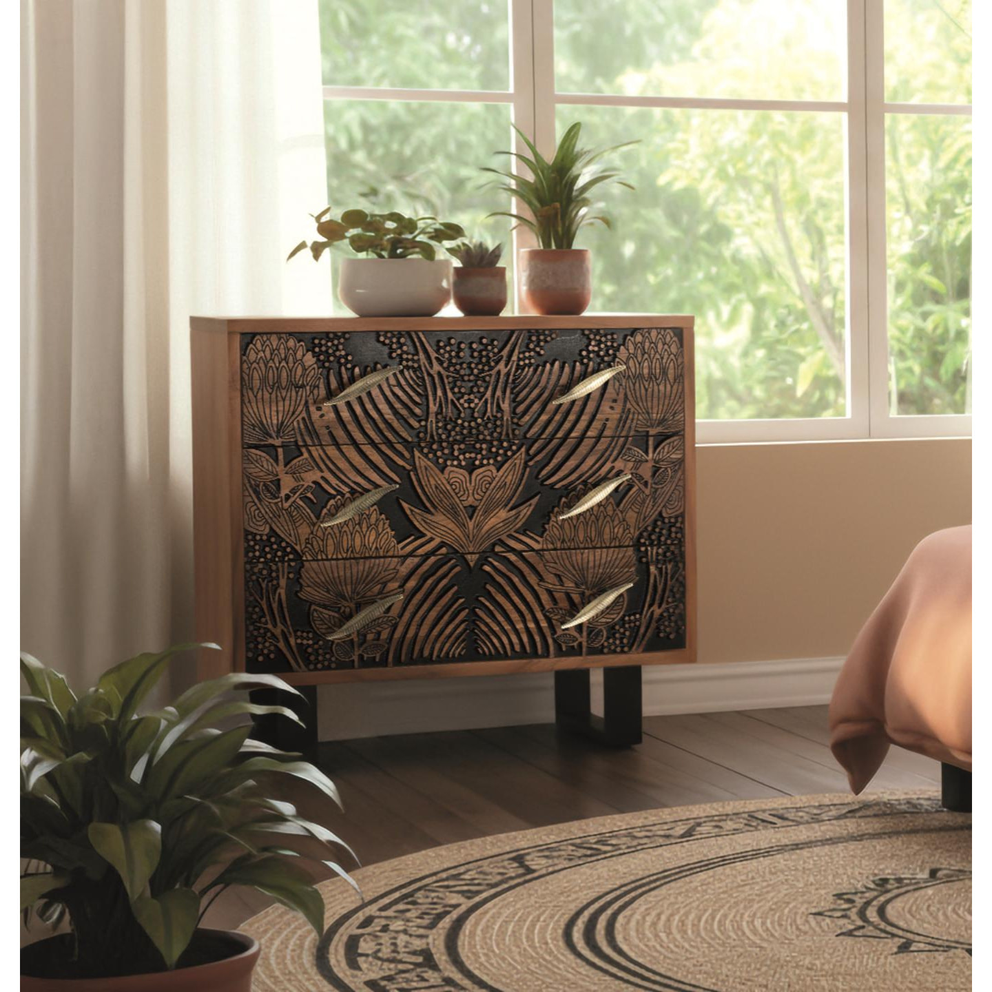 Cómoda de Madera de Acacia 93 Cm Estilo Étnico Moderno