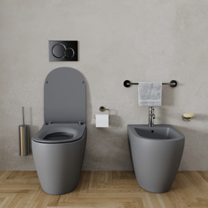 Coppia Sanitari Filomuro Filo Muro Filo Parete Vaso WC E Bidet Design Moderno In Ceramica Con Copriwater Chiusura Soft Close Rallentata Grigio Opaco