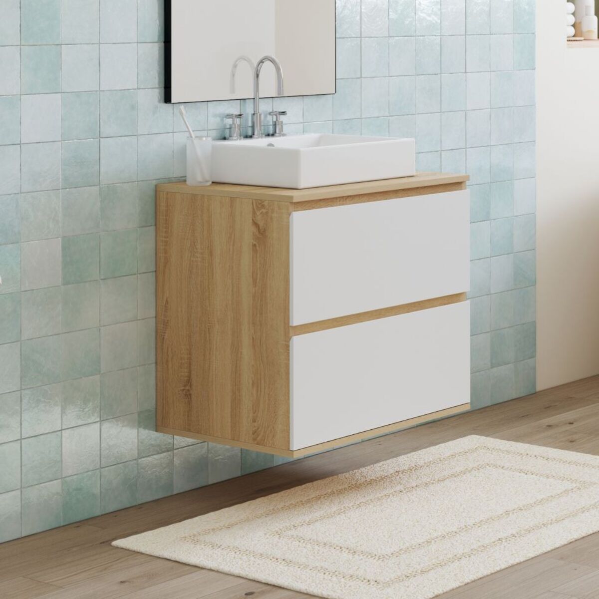 Meuble sous vasque suspendu Tom 2 tiroirs blanc et effet hêtre L60cm