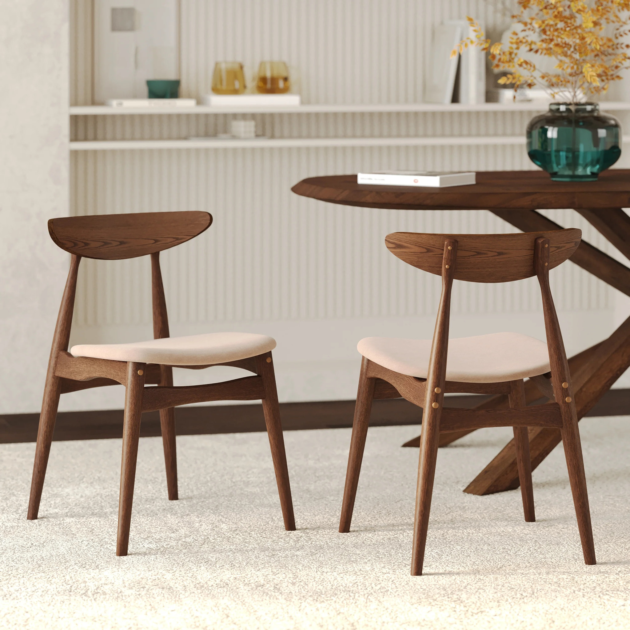 Lot de 2 chaises en tissu beige et bois foncé d'hévéa - Josette