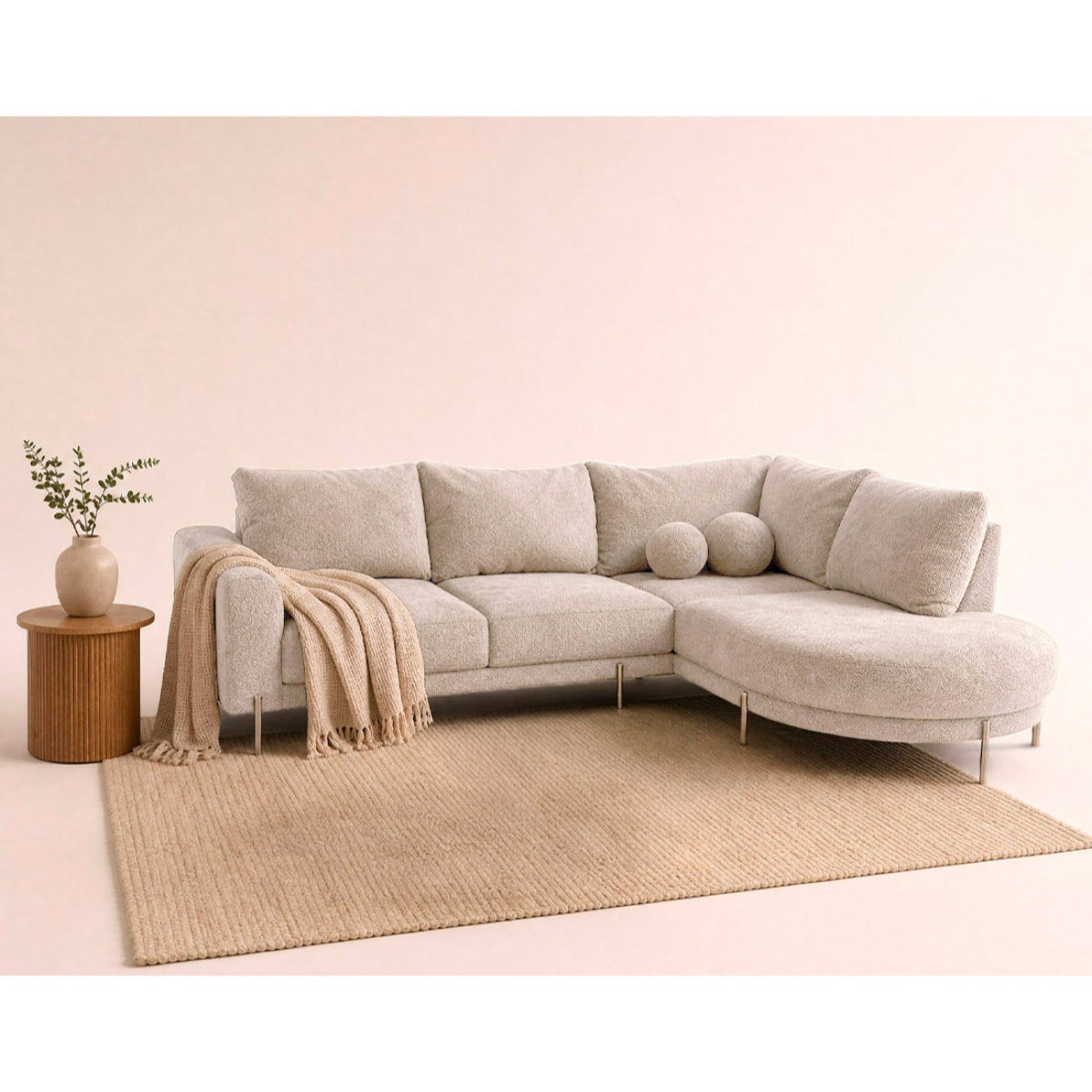 Gabin - Canapé d'angle droit 5 places en velours texturé - Beige