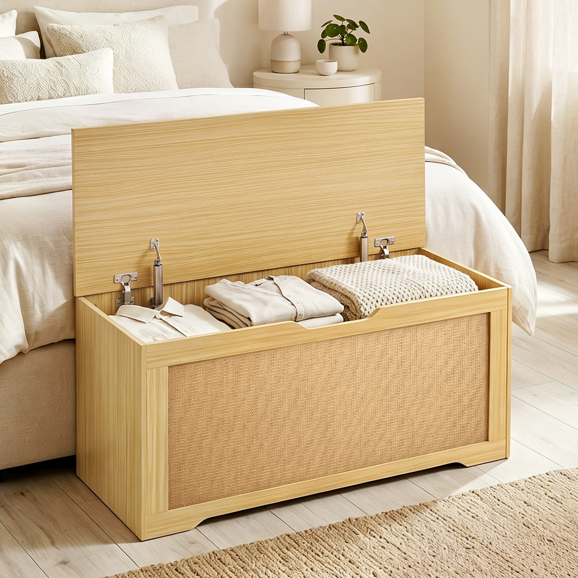 Baúl de Almacenaje 108L, Banco de Almacenaje con Panel de Ratán, Tapa Elevable, Brazos de Soporte, Diseño Sin Tiradores, para Recibidor, Pasillo, Dormitorio, Salón, 80x40x45 cm, Roble