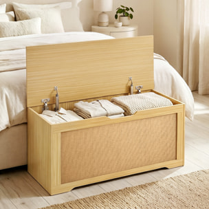 Baúl de Almacenaje 108L, Banco de Almacenaje con Panel de Ratán, Tapa Elevable, Brazos de Soporte, Diseño Sin Tiradores, para Recibidor, Pasillo, Dormitorio, Salón, 80x40x45 cm, Roble