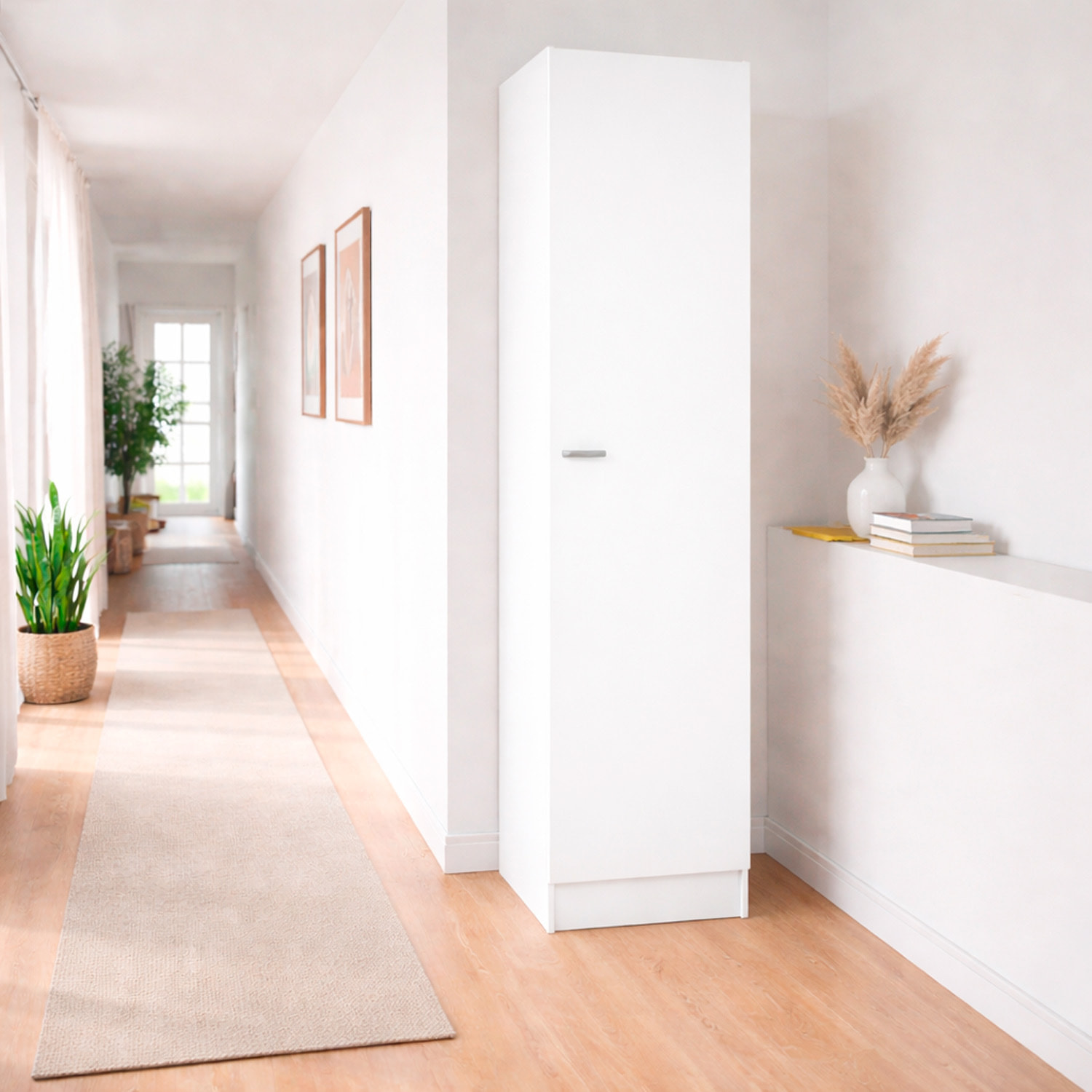 Colonna Armadio Bagno 1 Anta Salvaspazio 4 Ripiani Regolabili Mobile Alto Ingresso Corridoio Moderno Maniglia Argentata 200 x 47.05 x 49.2 cm Bianco