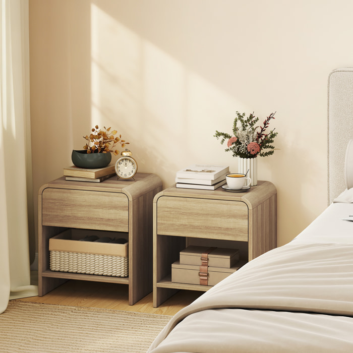 Juego de 2 Mesitas de Noche Nórdicas, Mesillas de Noche con Esquinas Redondeadas, Cajón y Estante Abierto, Mesita Auxiliar para Salón, Dormitorio, 40x35x45 cm, Natural