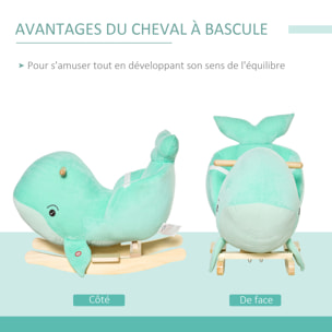 Jouet à bascule baleine - effet sonore chant baleine - fauteuil intégré, ceinture de sécurité - bois peuplier peluche courte polyester turquoise clair