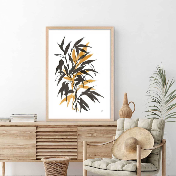 Poster watercolor bambou Affiche + cadre en bois - Chêne