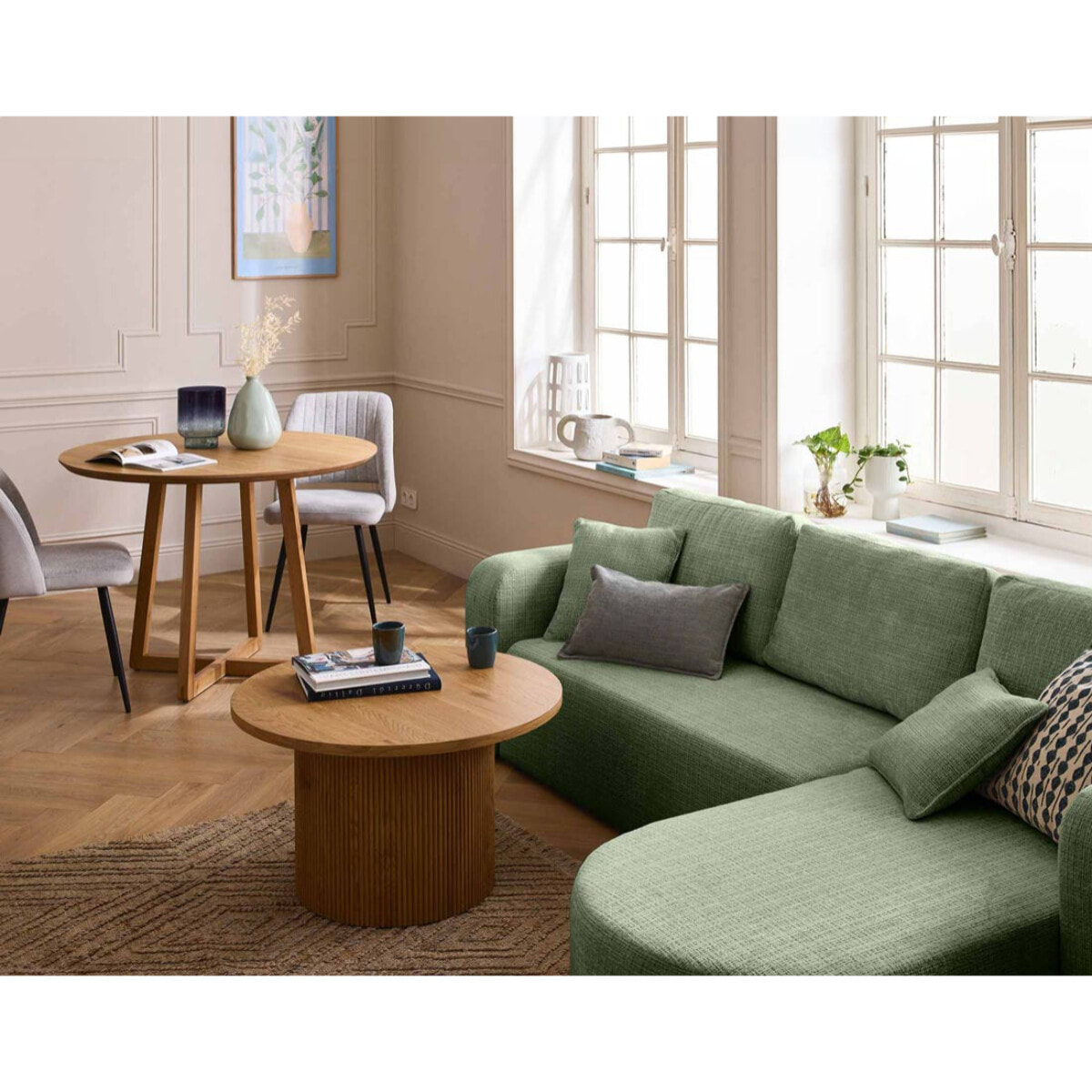 Miro - canapé d'angle réversible - 4 places - convertible avec coffre - en velours texturé - Vert sauge
