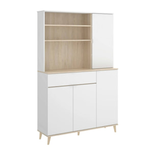 Credenza Sparavero, Buffet dispensa da soggiorno, Madia da salotto moderna a 4 ante, 120x40h191 cm, Bianco e Rovere