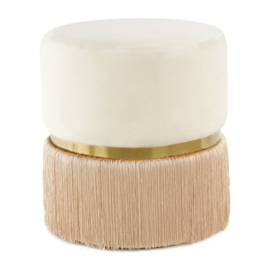Pouf Rebecca in velluto avorio con frange e dettaglio oro