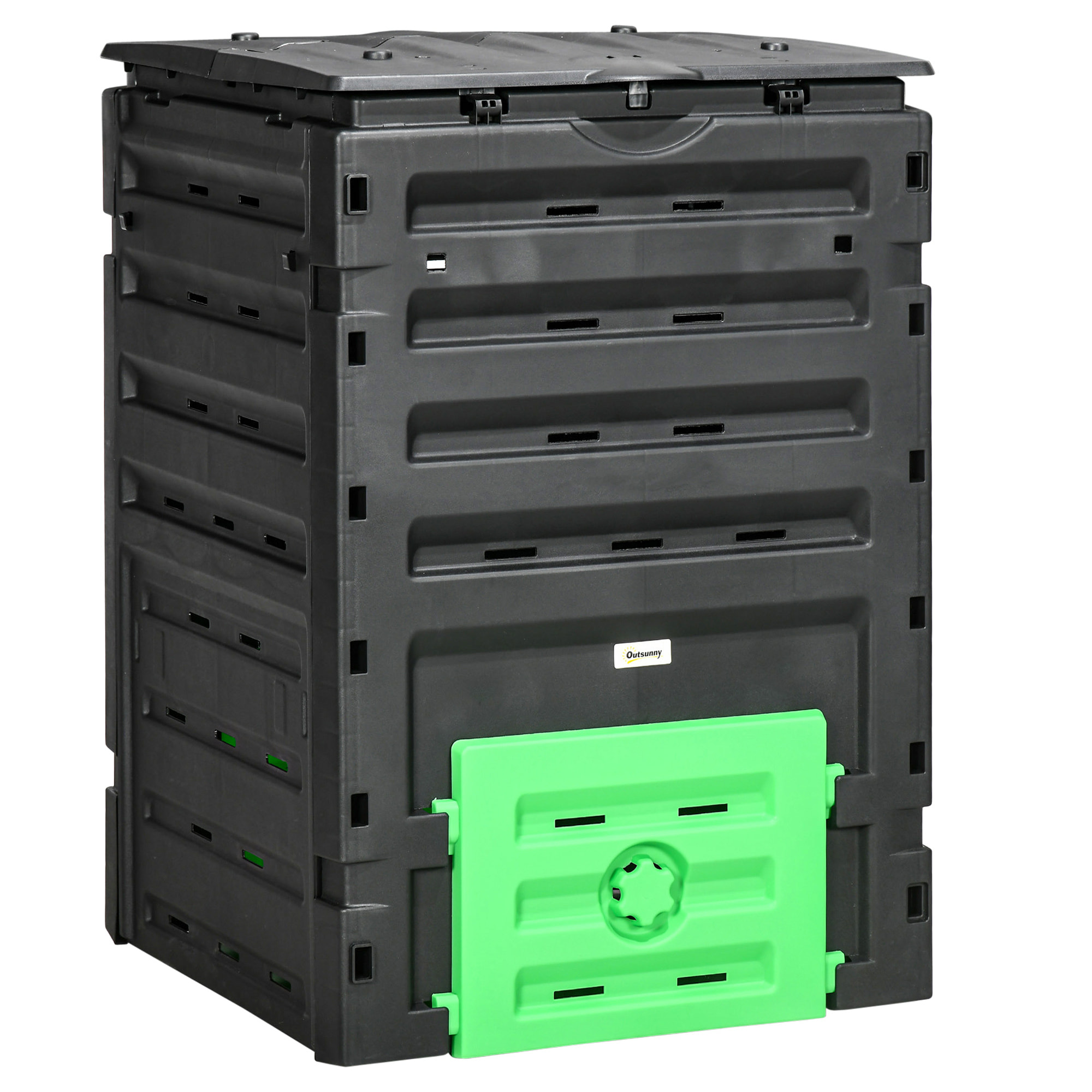 Composteur de jardin 450L 80 aérations 2 trappes coulissantes toit ouvrant noir vert
