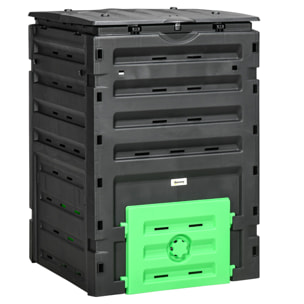 Composteur de jardin 450L 80 aérations 2 trappes coulissantes toit ouvrant noir vert