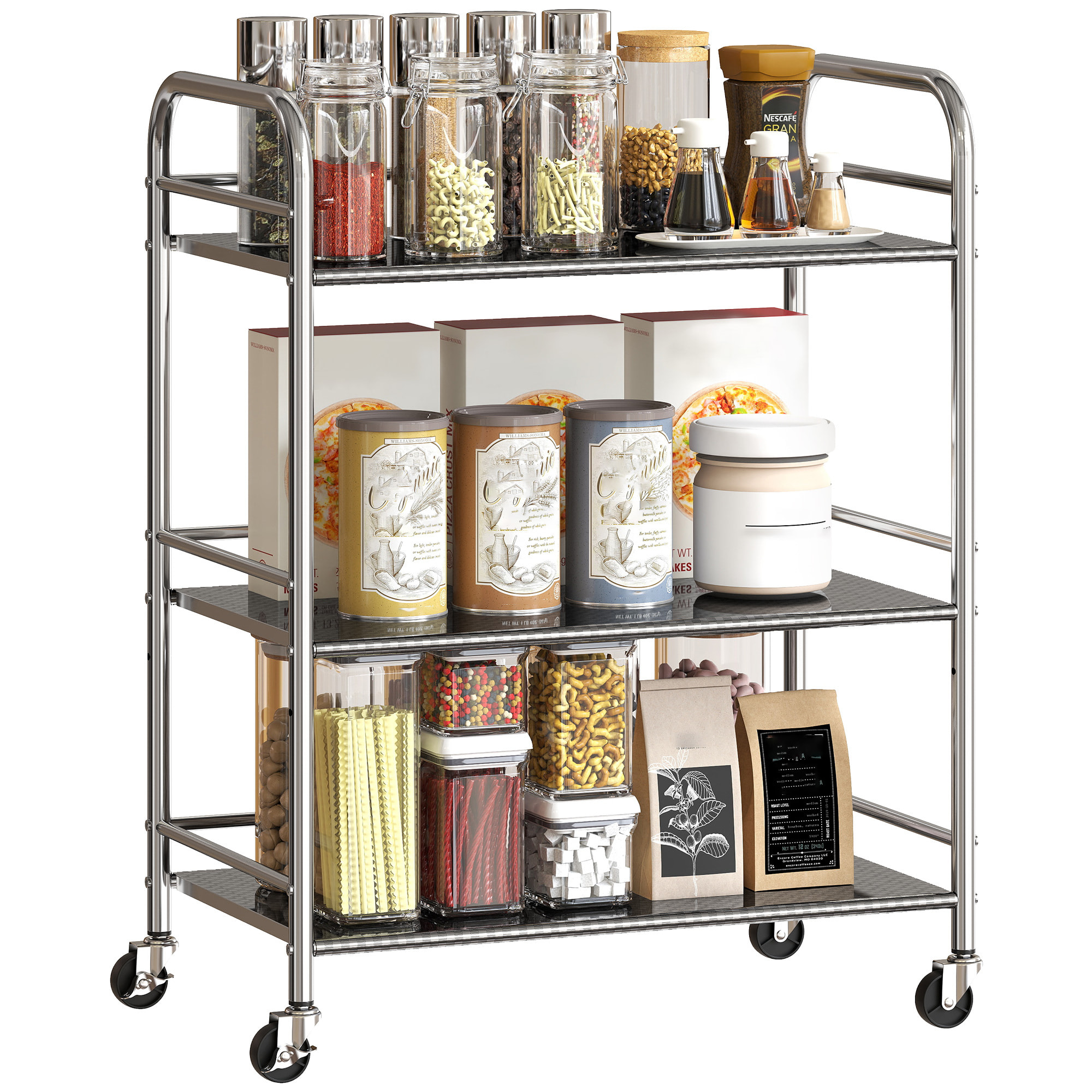 Carrito Auxiliar con Ruedas de Acero Inoxidable, Carro de Servicio de 3 Niveles con Estante Ajustable, 2 Ruedas con Freno, Carrito para Cocina, Restaurante, Hotel, 60x35x77 cm, Plata