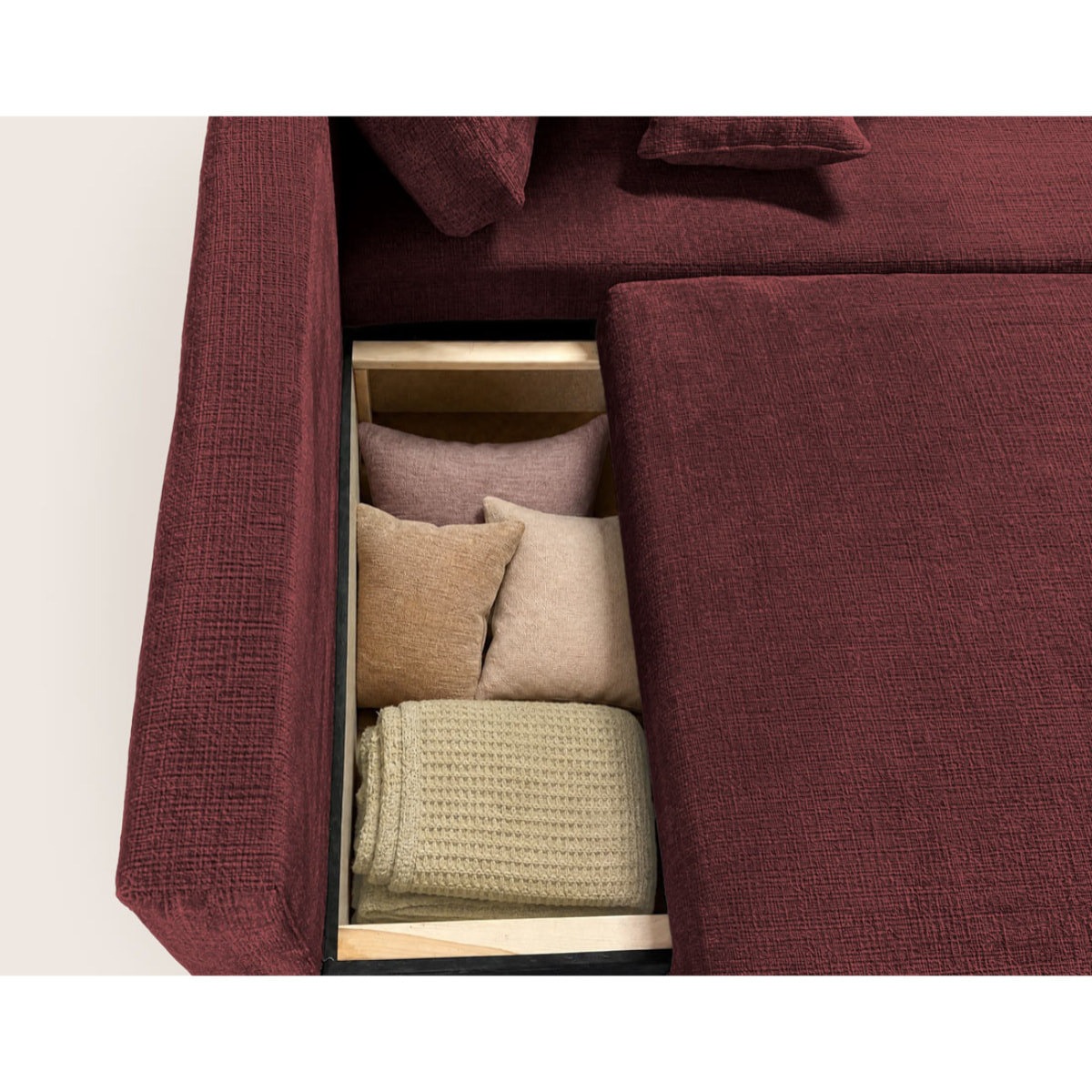 Miro - Canapé d'angle droit 4 places convertible avec coffre en velours texturé - Prune