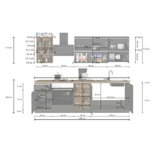 Cucina completa Dcastill, Cucina pratica e salvaspazio, Parete da cucina con 5 ante e 1 cassetto, 100% Made in Italy, 255x60h85 cm, Antracite e Rovere