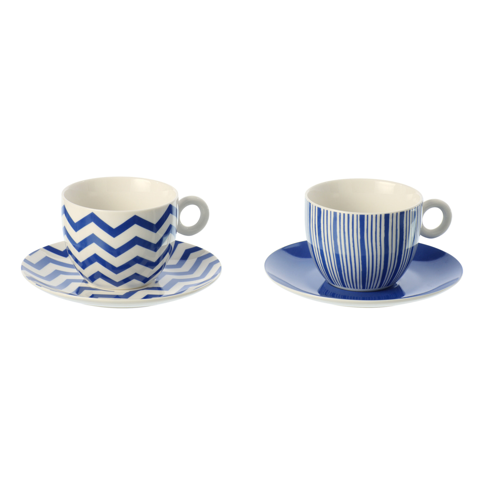 J-Line Tasse + Sous-tasse Ligné - porcelaine - bleu/blanc - large - set de 2