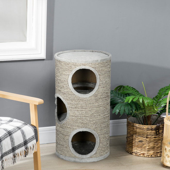Arbre à chat cylindrique - tour à griffer pour chat - tonneau griffoir - 3 niveaux + plateforme - sisal peluche gris clair