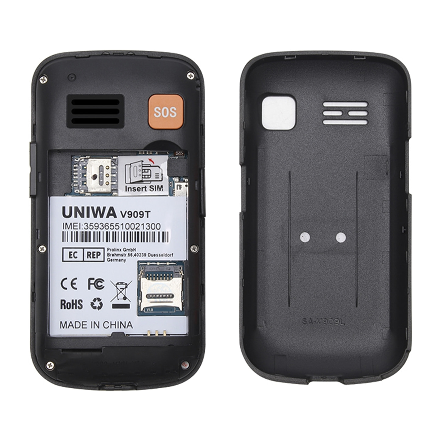 DAM Mini telefono per anziani  V909T, 4G. Schermo da 2,8''. Fotocamera posteriore Tasto SOS. 5,6x2,2x11cm. Colore nero