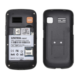 DAM Mini telefono per anziani  V909T, 4G. Schermo da 2,8''. Fotocamera posteriore Tasto SOS. 5,6x2,2x11cm. Colore nero
