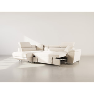 Baoji - Canapé d'angle gauche 5 places convertible avec têtières et coffre en velours côtelé - Beige