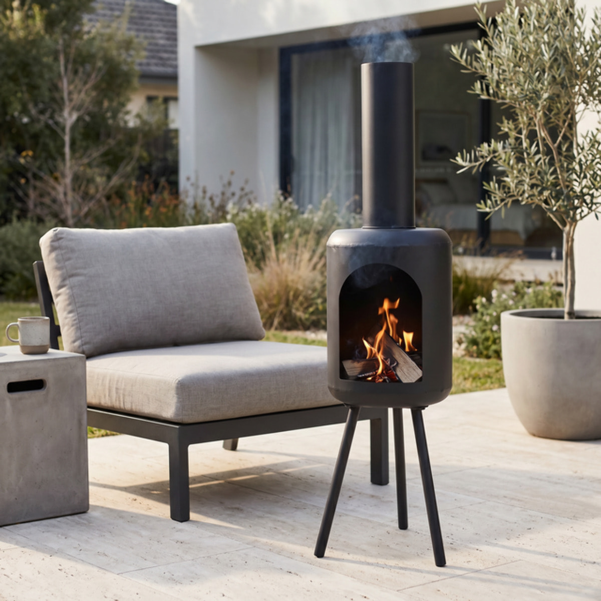 Caminetto da esterno Kimbolton in acciaio 114 cm, braciere a legna design cilindrico moderno, stufa outdoor compatta e resistente al calore, ideale per giardino terrazzo patio e veranda