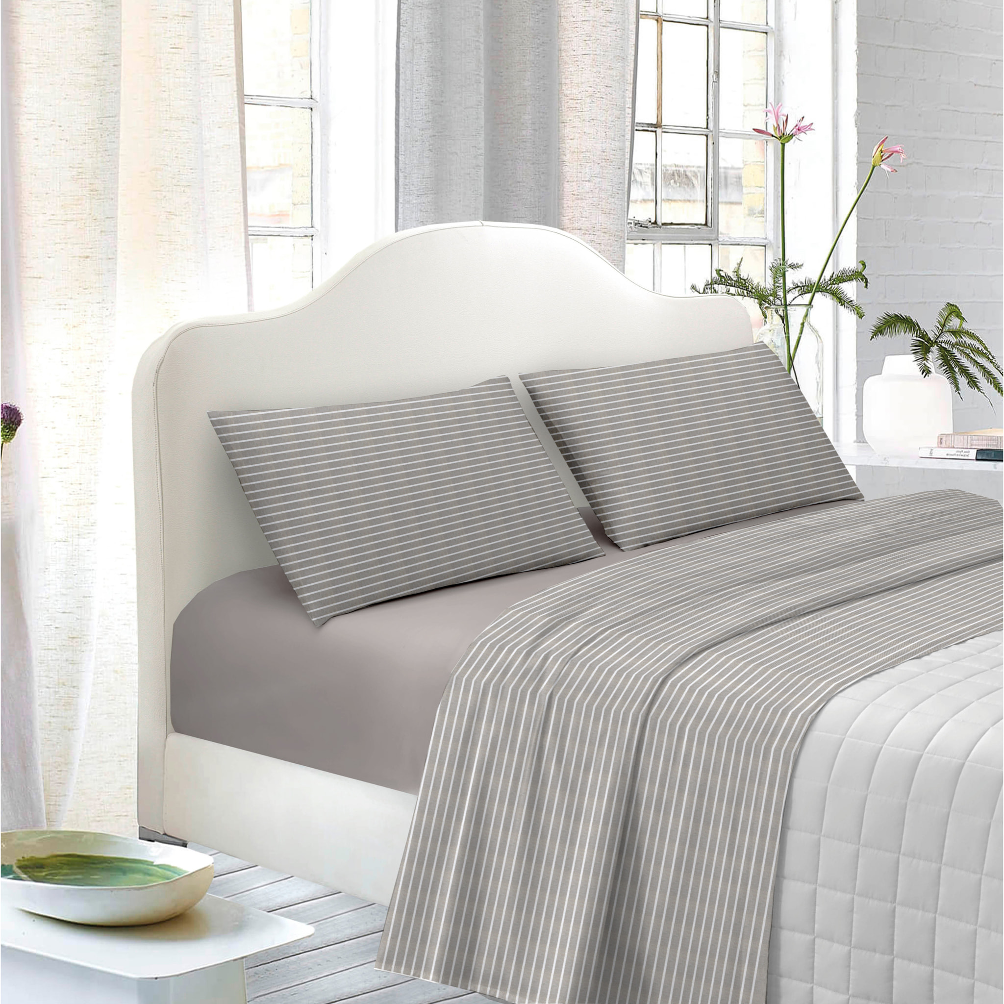 WHITE & WHITE Completo letto 1 piazza e mezza tinto in filo stripe prelavato tortora