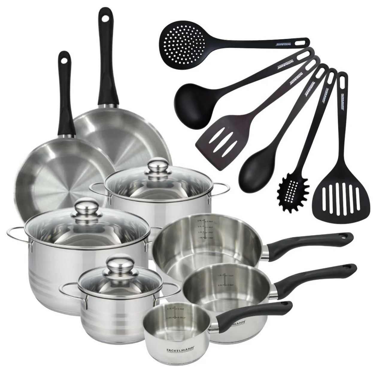Set 2 poêles, 3 casseroles 12 16 20 cm, 3 faitouts 16, 20 et 24 cm en inox et 6 ustensiles RPET Fackelmann Geneva