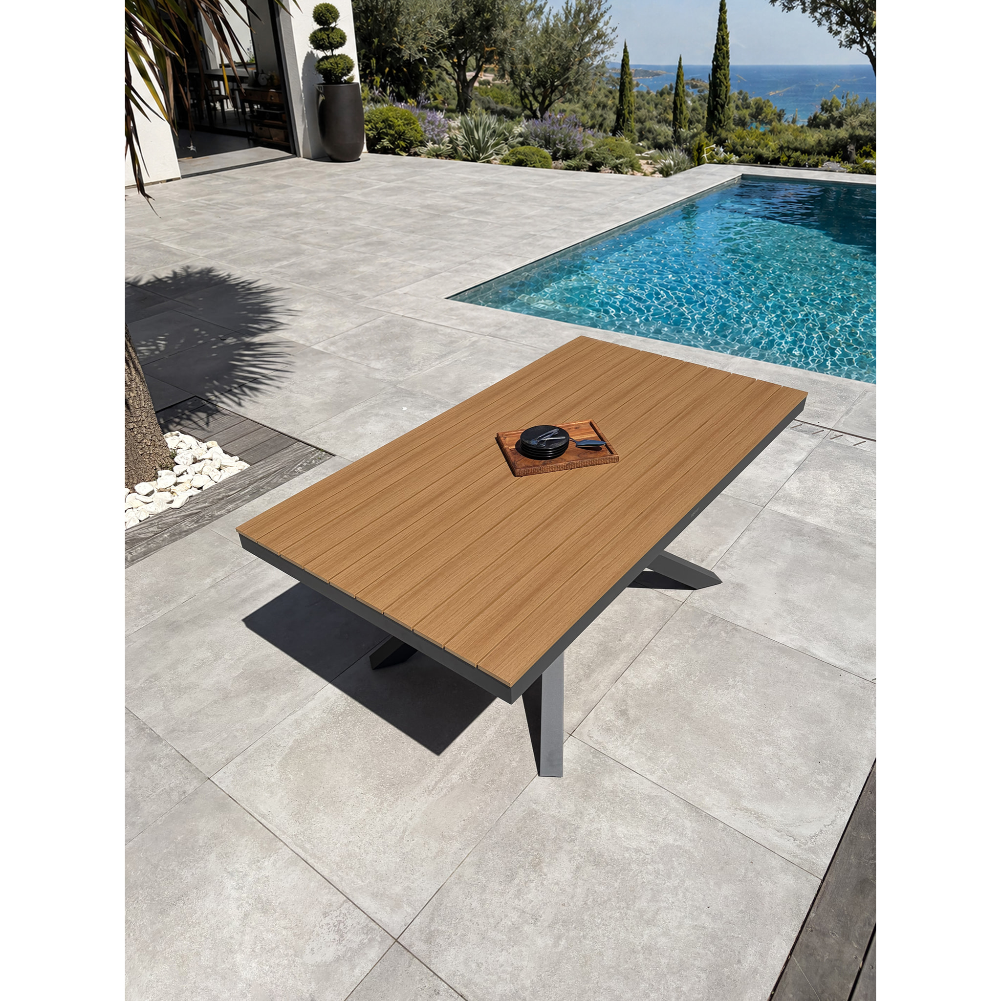 LAMU - Table de jardin en alu plateau polywood aspect bois - Gris anthracite
