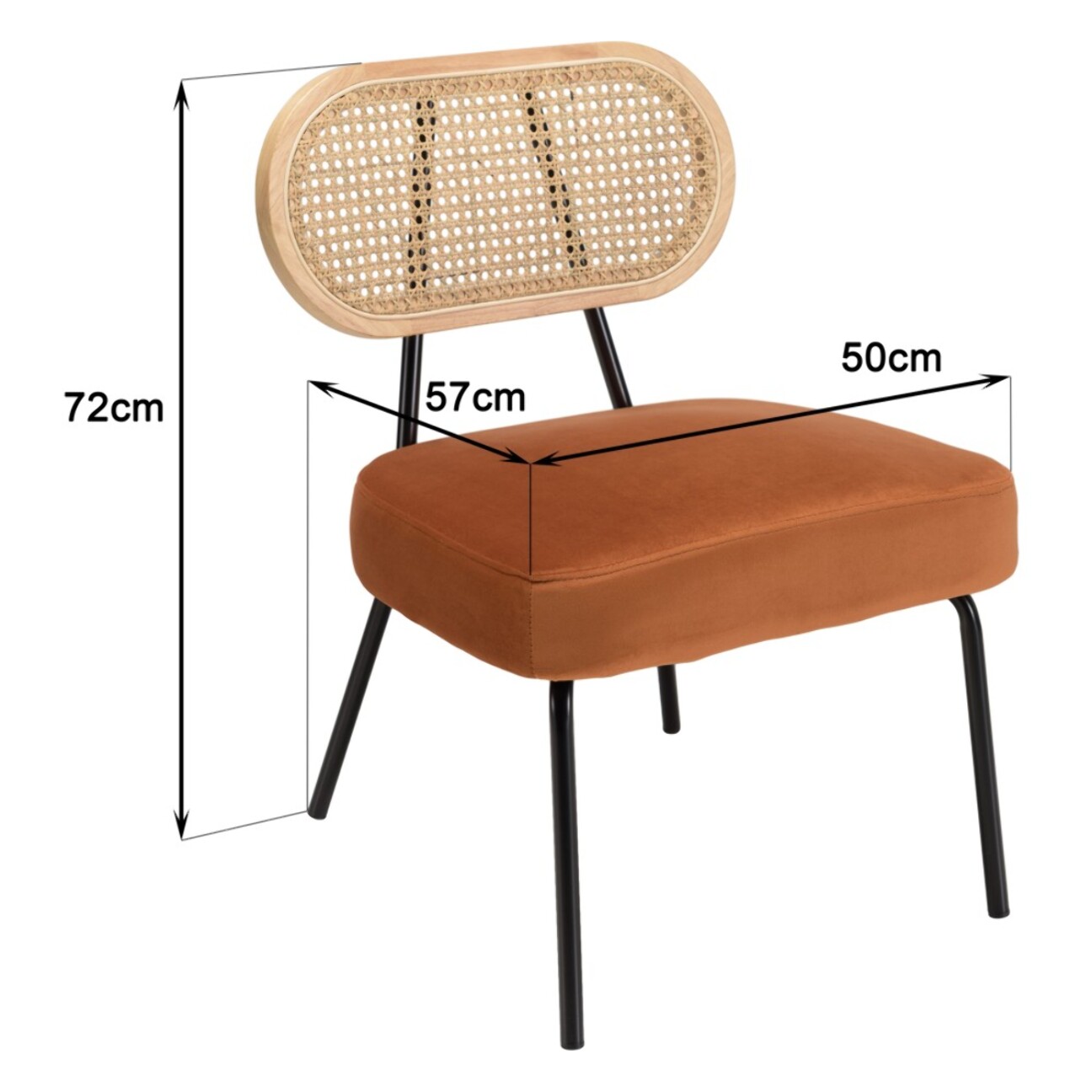 AGATHE - Fauteuil métal noir assise velours orange ambré dossier rotin