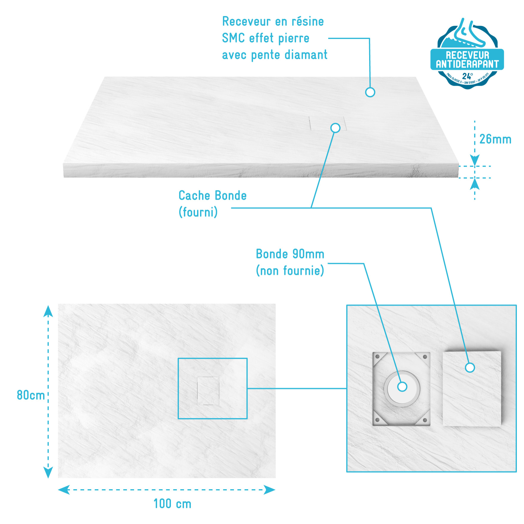 Receveur à poser en materiaux composite SMC - Finition ardoise blanc mat - 80x100 cm - ROCK 2 WHITE