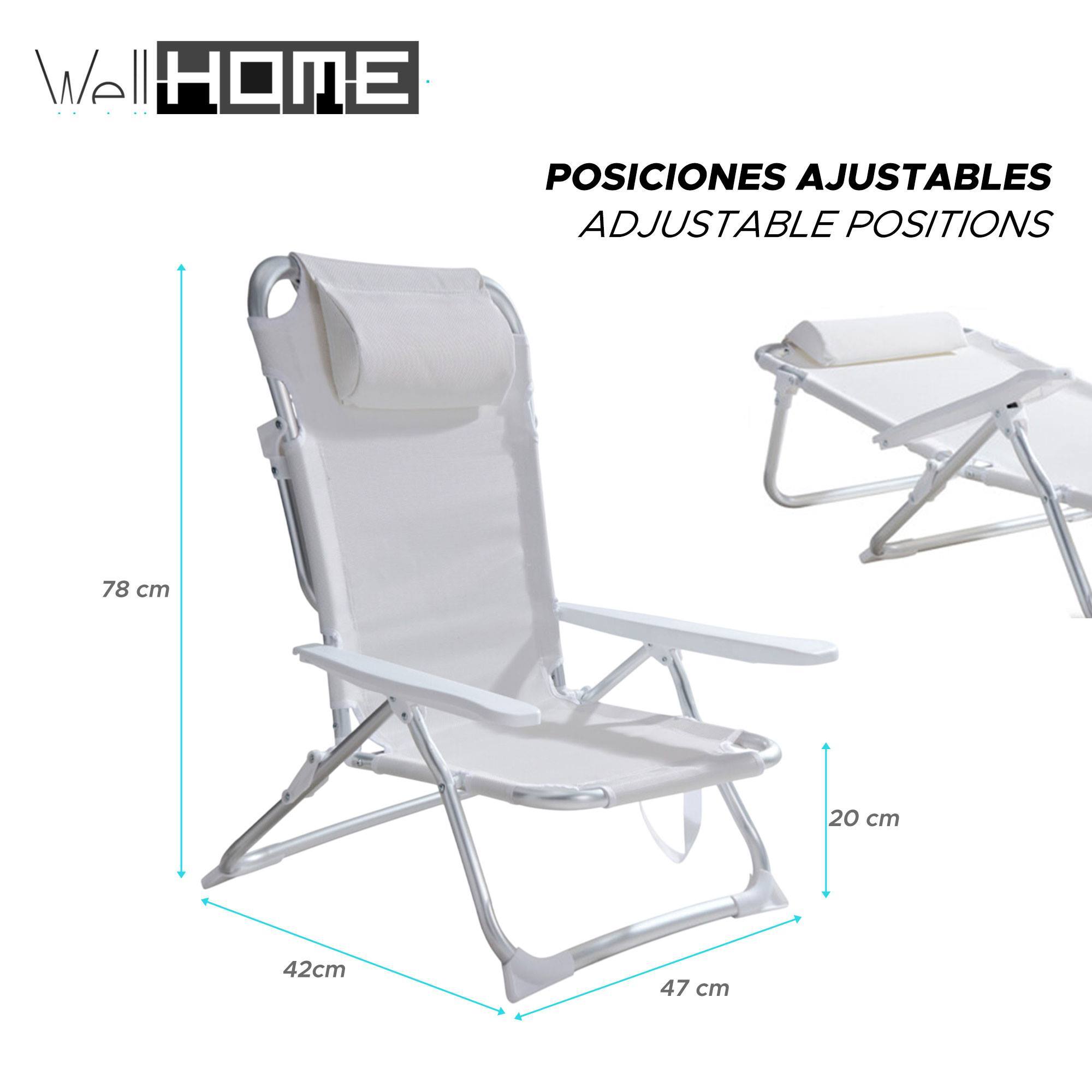 Well Home Silla de playa aluminio tubo Ø22mm con almohada, textilene 2x1 tela blanca, altura total 78cm, asiento 47cm