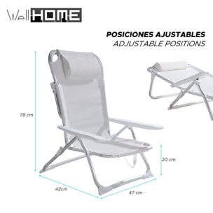 Well Home Silla de playa aluminio tubo Ø22mm con almohada, textilene 2x1 tela blanca, altura total 78cm, asiento 47cm