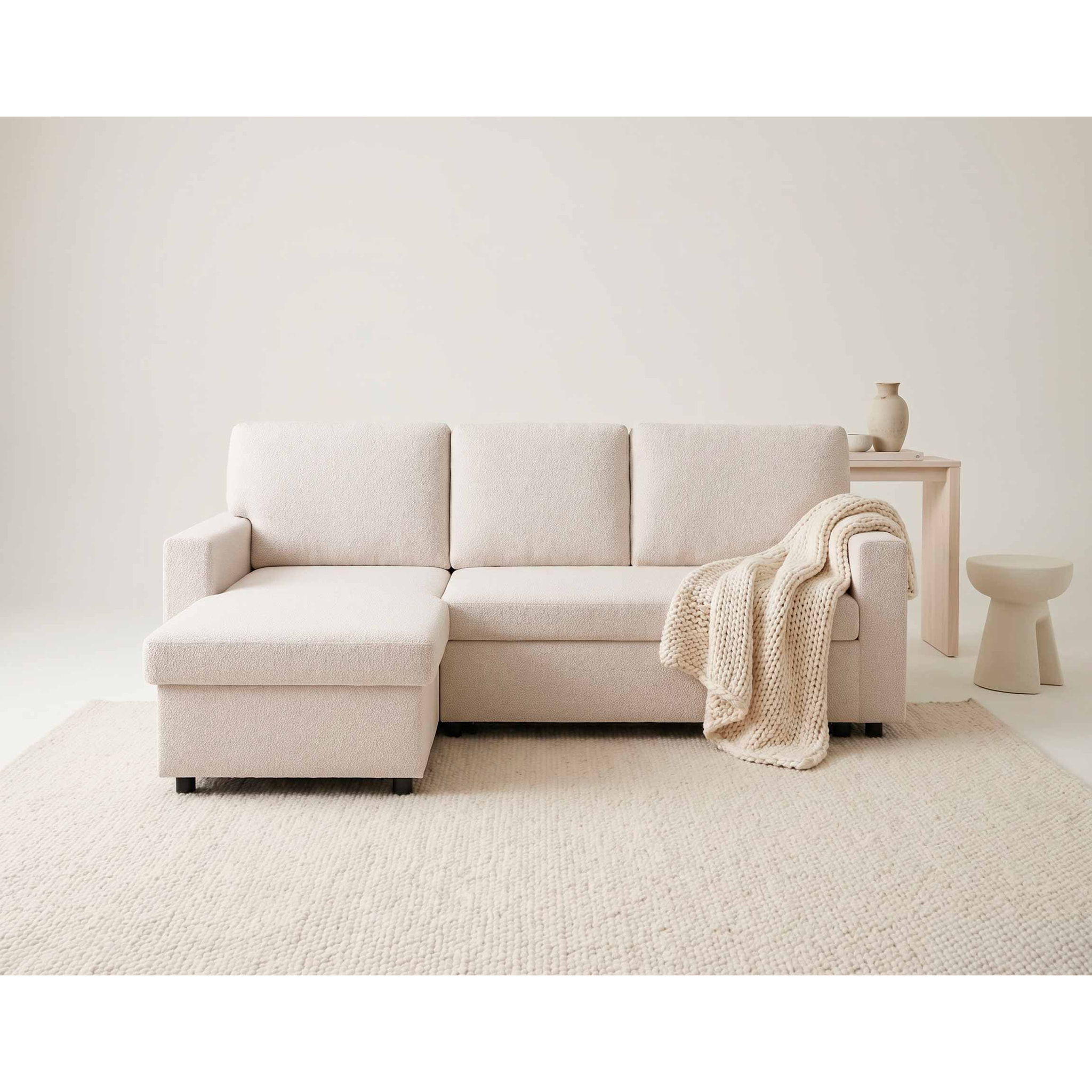 Meiya - Canapé d'angle réversible 4 places convertible avec coffre en tissu bouclette - Beige