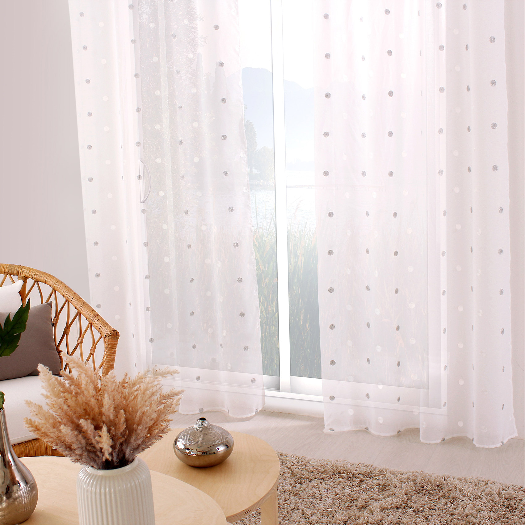 Voilage sablé brodé 'Pois colorés' - Gris souris