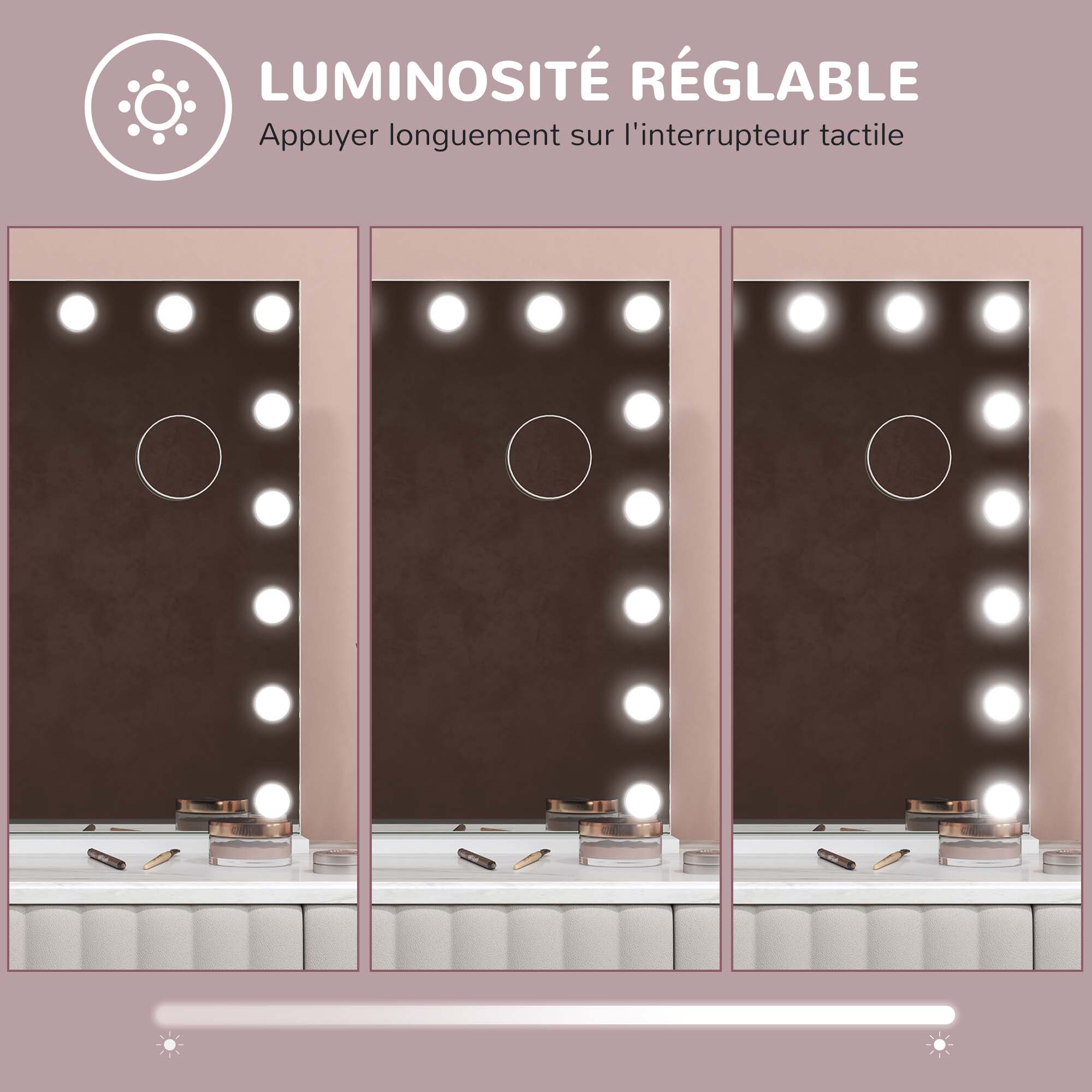 Miroir maquillage Hollywood lumineux LED intensité réglable grossissant charge USB support blanc