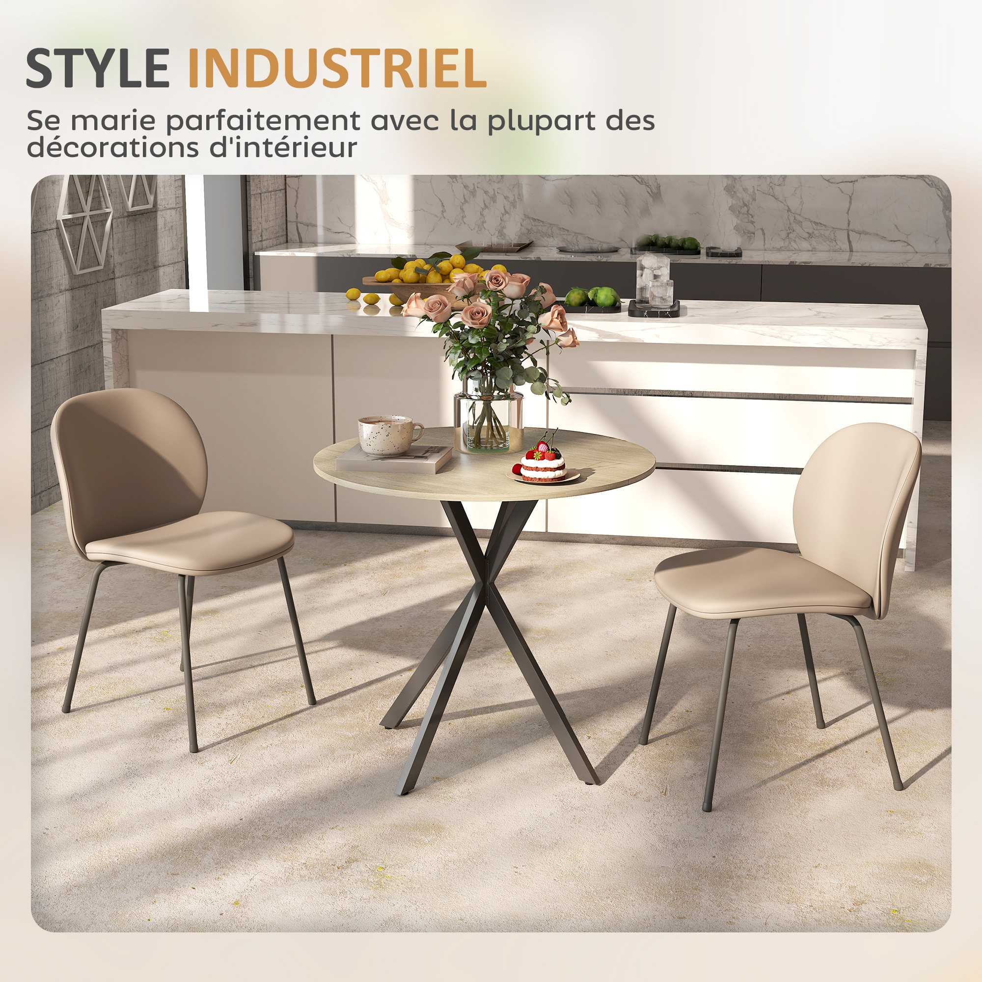Table ronde bois 2 personnes dia. 80 cm style industriel piètement croisé acier noir