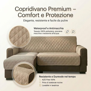 Copridivano 2 posti con penisola impermeabile e antimacchia, telo protettivo con braccioli adattabile a penisola destra e sinistra, vestibilità pratica e versatile, protegge da liquidi e sporco, facile da lavare, ideale per uso quotidiano