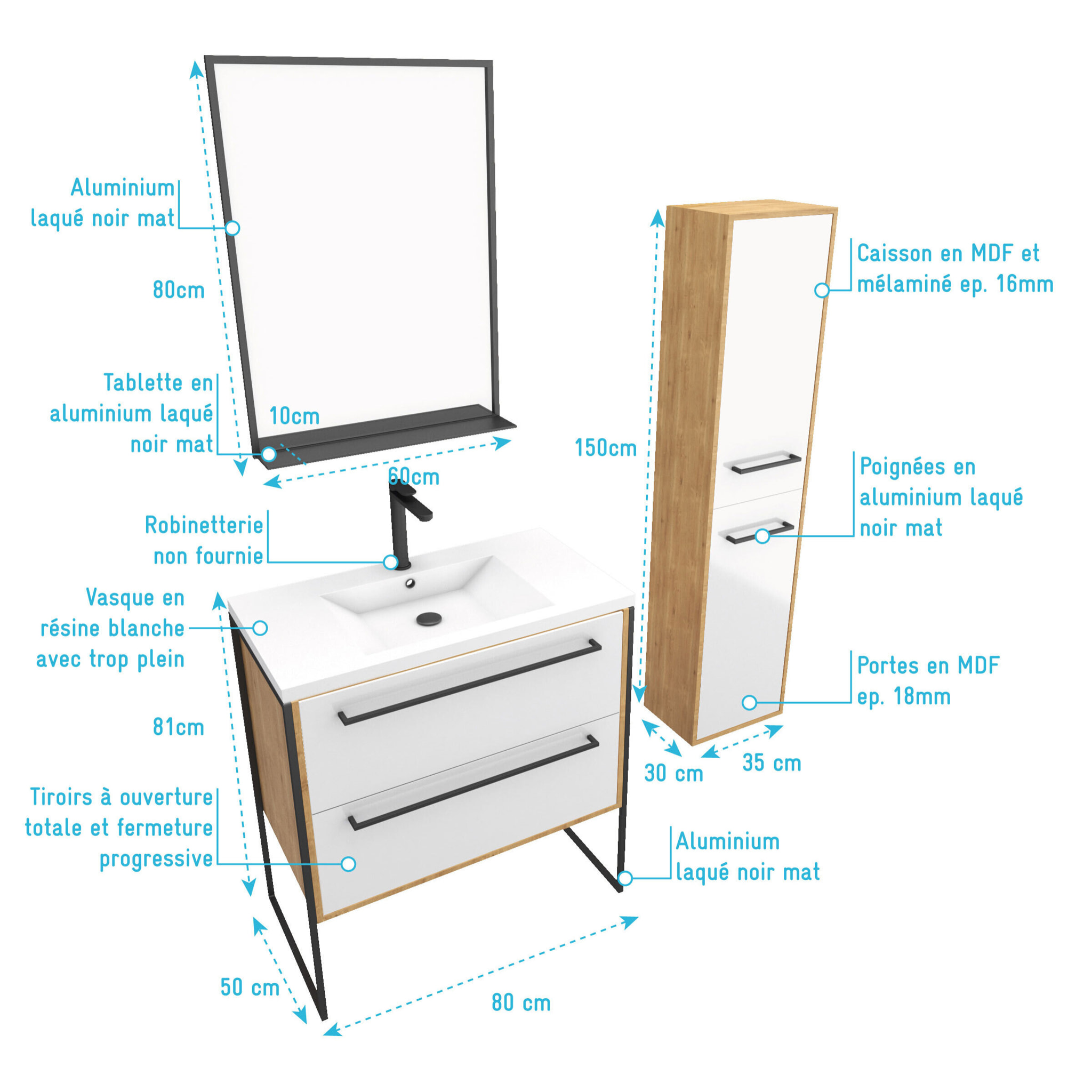 Ensemble de salle de bain 80cm + vasque blanche 80x50 + tiroir blanc mat + miroir + colonne