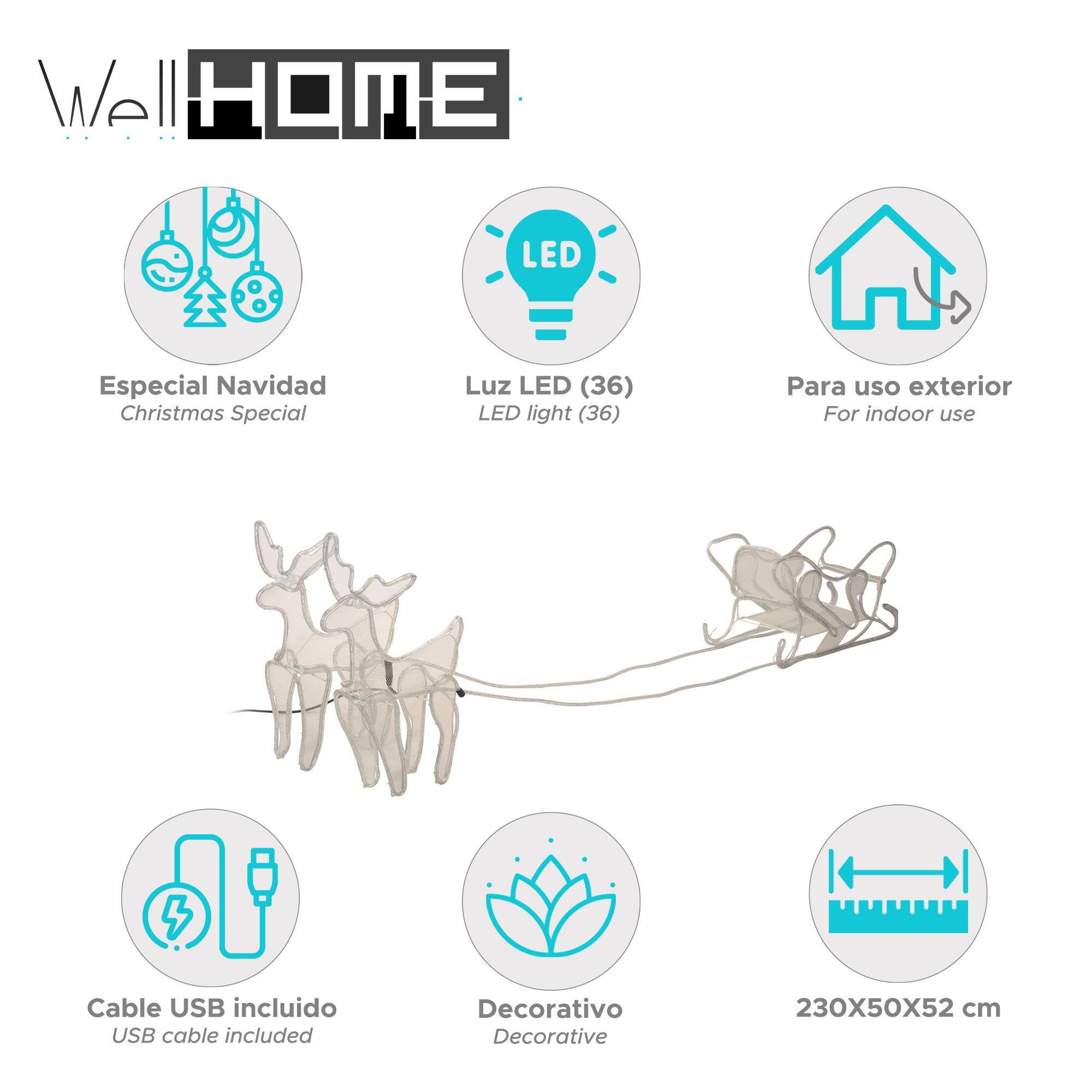 decoración led navideña de renos con trineo