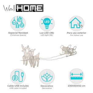 decoración led navideña de renos con trineo