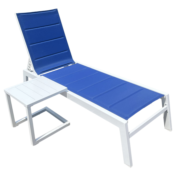 Set bain de soleil et table d'appoint BARBADOS en textilène bleu - aluminium blanc