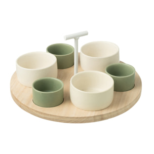 J-Line planche à tapas 6 bols + plat en bois - céramique/bois - blanc/vert