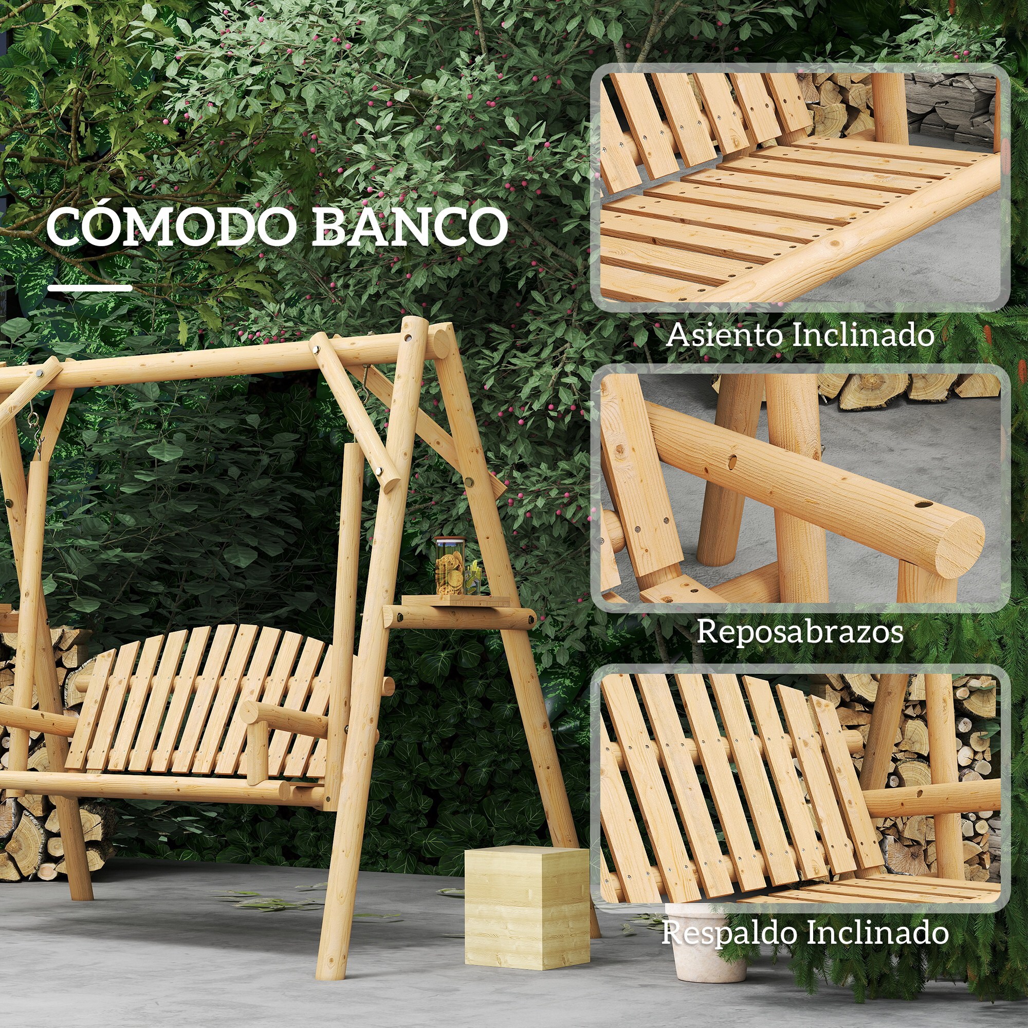 Banco Columpio de Jardín de Madera de 2 Plazas Balancín de Jardín Exterior con Bandejas Laterales Reposabrazos y Estructura en A para Patio Porche Carga 240 kg 200x135x175 cm Natural